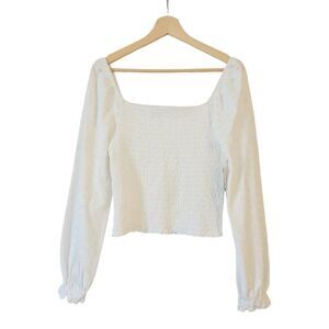BP Nordstrom Women Eyelet Square Neck Off Shoulder Lantern Sleeve Crop Top White